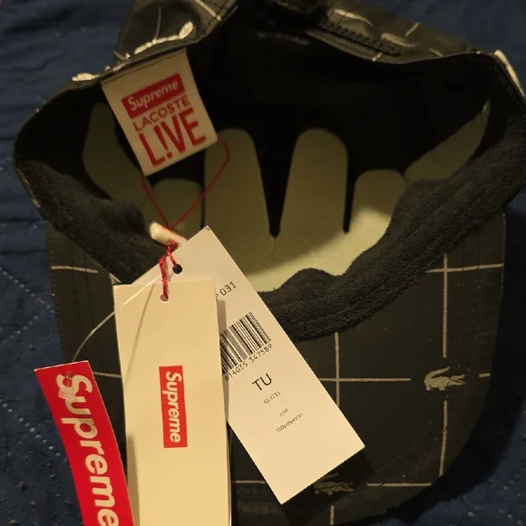 NWT Supreme x Lacoste Black and Gray Grid Print Nylon Cap